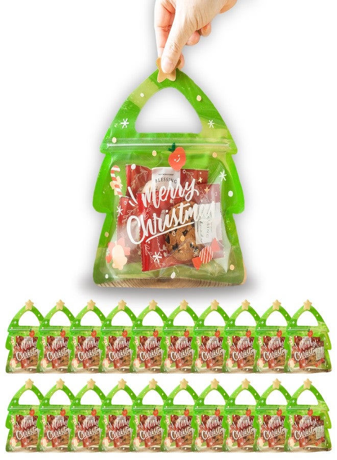AOKELEON 20 Pcs Christmas Tree Treat Bags with Handle, Resealable & Stand-up Bottom for Holiday Party Candy - Image 1
